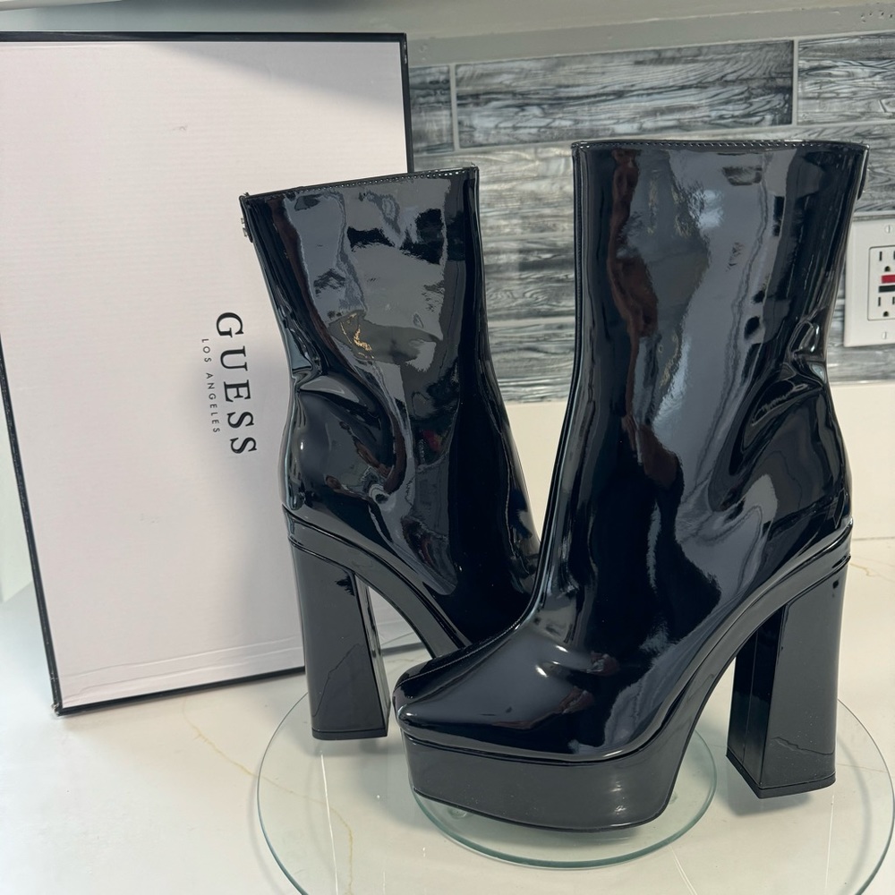 Guess Black Patent Platform Block Heel Ankle Boots